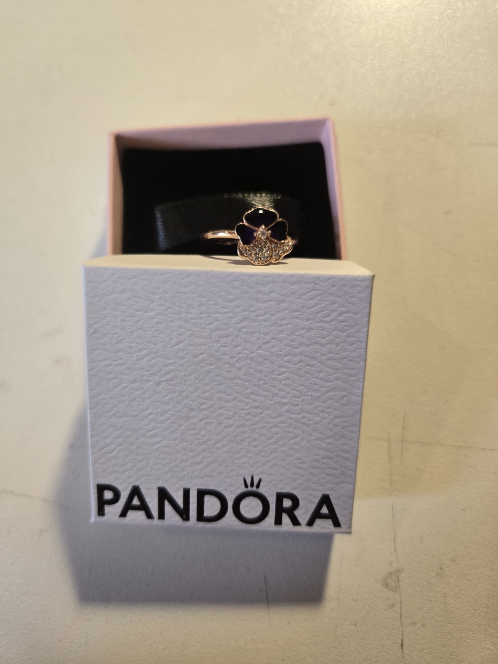 Pandora Rose Gold Floral Ring with Purple Enamel and CZ Accents Size 7